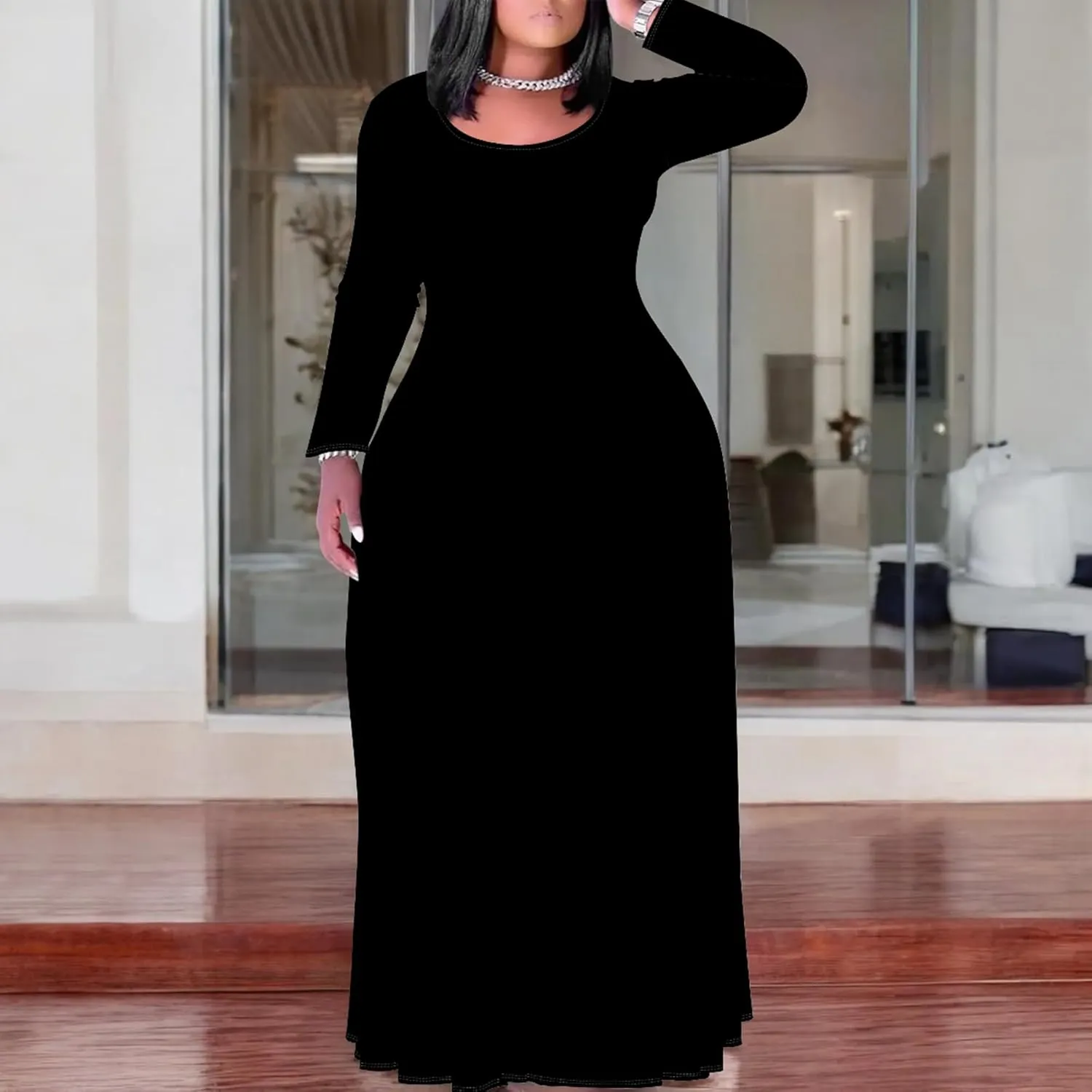 Women's Long Sleeve V Neck Loose Dress Solid Gradient Tie Dye A-Line Dress Plus Size Curve Fit Cocktail Dresses