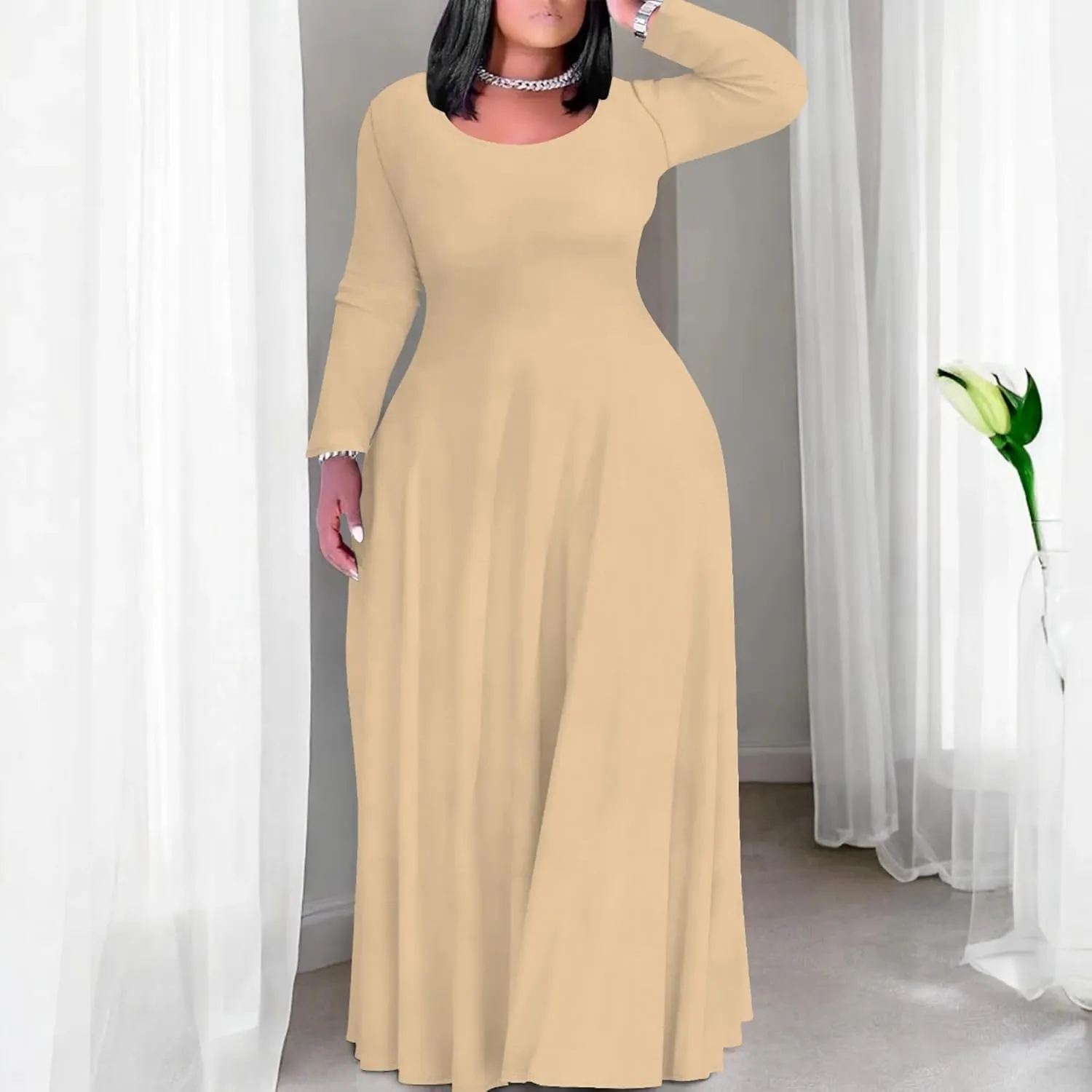 Women's Long Sleeve V Neck Loose Dress Solid Gradient Tie Dye A-Line Dress Plus Size Curve Fit Cocktail Dresses