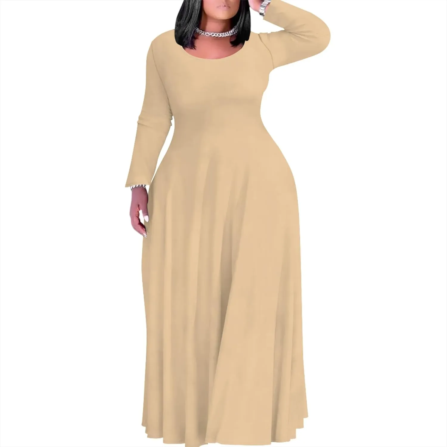 Women's Long Sleeve V Neck Loose Dress Solid Gradient Tie Dye A-Line Dress Plus Size Curve Fit Cocktail Dresses