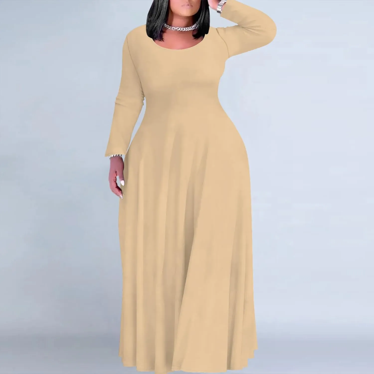 Women's Long Sleeve V Neck Loose Dress Solid Gradient Tie Dye A-Line Dress Plus Size Curve Fit Cocktail Dresses