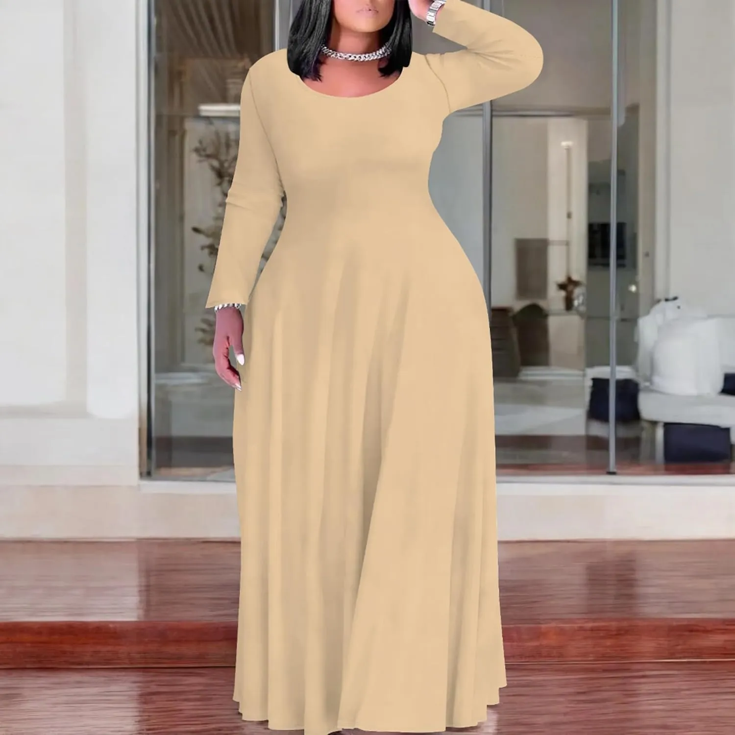 Women's Long Sleeve V Neck Loose Dress Solid Gradient Tie Dye A-Line Dress Plus Size Curve Fit Cocktail Dresses