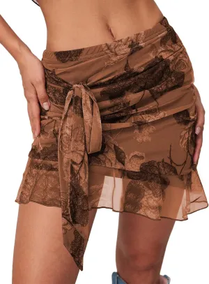 Women's Mesh Mini Skirt Tie High Waist Summer Floral Print Ruched Ruffle Short Skirts