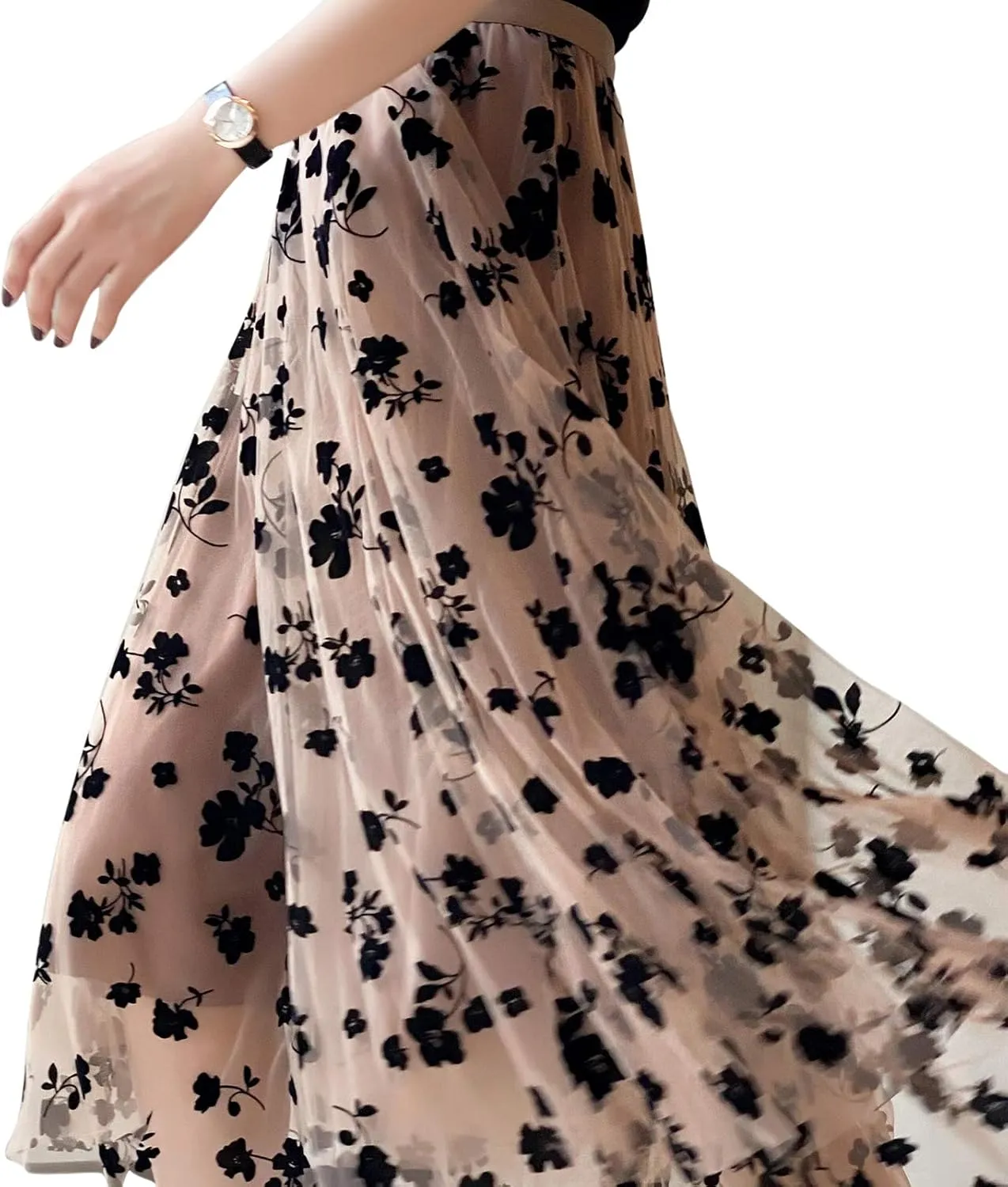 Women's Midi Length Skirt 3D Layered Floral Printed Elastic Waist Tulle Midi Skirts