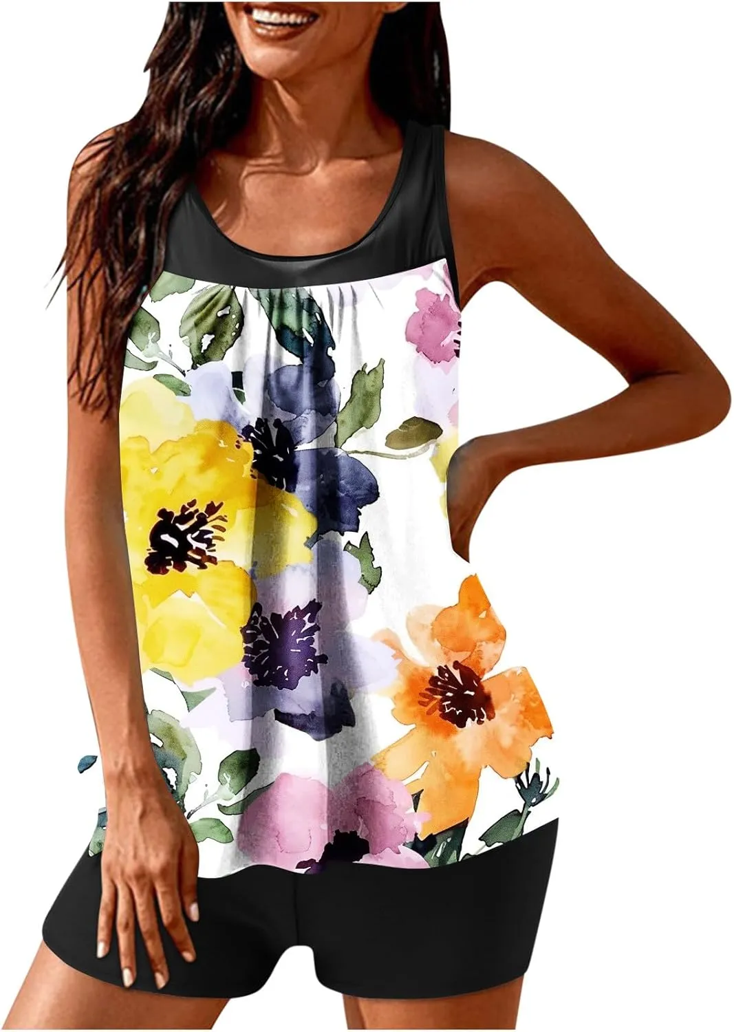 Women's Modest Swimsuits Printed 2 Piece Tankini Swimwear Blouson Swim Tank Top with Boyshorts Athletic Bathing Suit