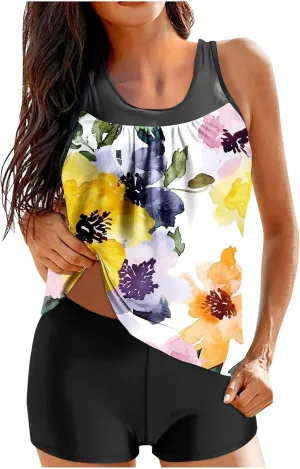 Women's Modest Swimsuits Printed 2 Piece Tankini Swimwear Blouson Swim Tank Top with Boyshorts Athletic Bathing Suit