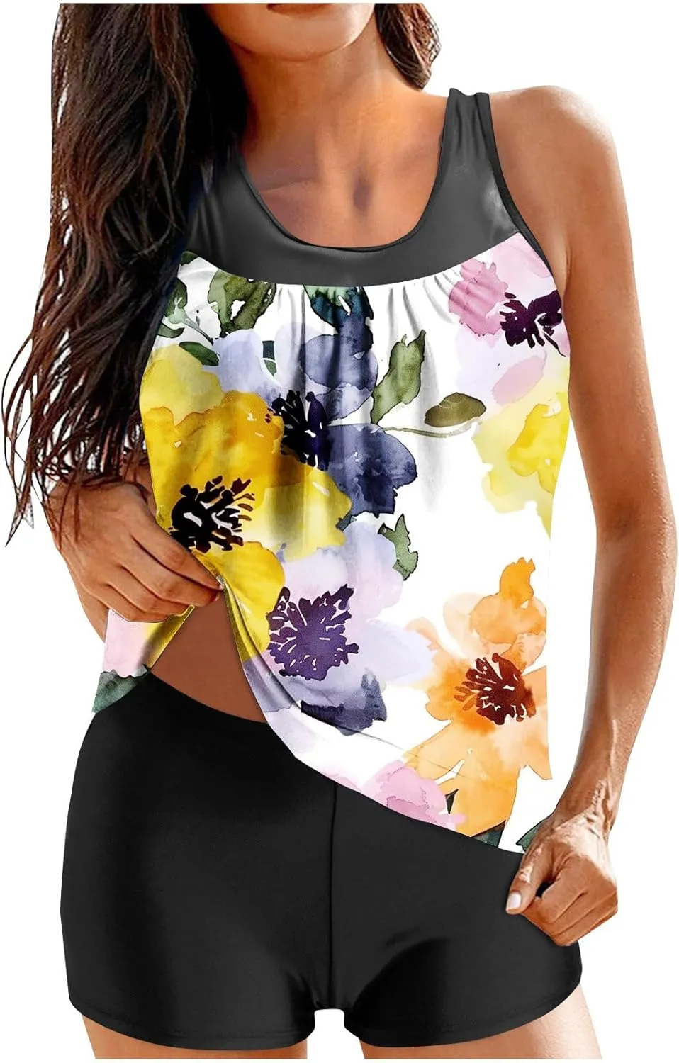 Women's Modest Swimsuits Printed 2 Piece Tankini Swimwear Blouson Swim Tank Top with Boyshorts Athletic Bathing Suit