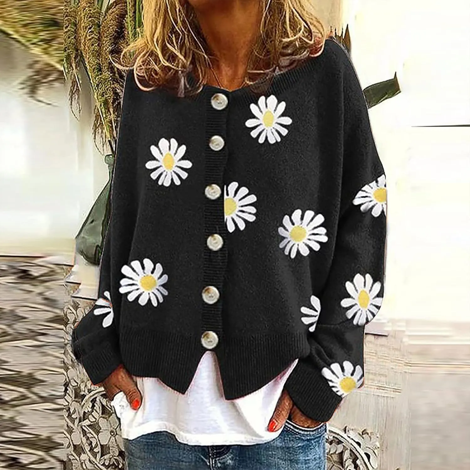 Women's O-Neck Long Sleeve Ribbed Knit Sweater Casual Sweater Warm Top Crop Oversized Cardigan for Women Size 2X
