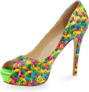 Womens Platform High Stiletto Sandals Heels Pumps Multicolor Floral Printed Peep Toe Sexy Shoes