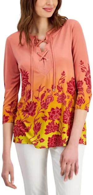 Women's Printed Lace-Up Tunic (Burnt Brick Combo, Medium)