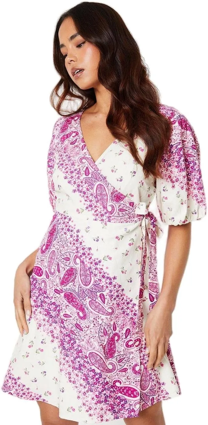 Women's Puff Sleeve Mini Dress, Pink / White, 8 US