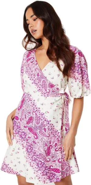 Women's Puff Sleeve Mini Dress, Pink / White, 8 US
