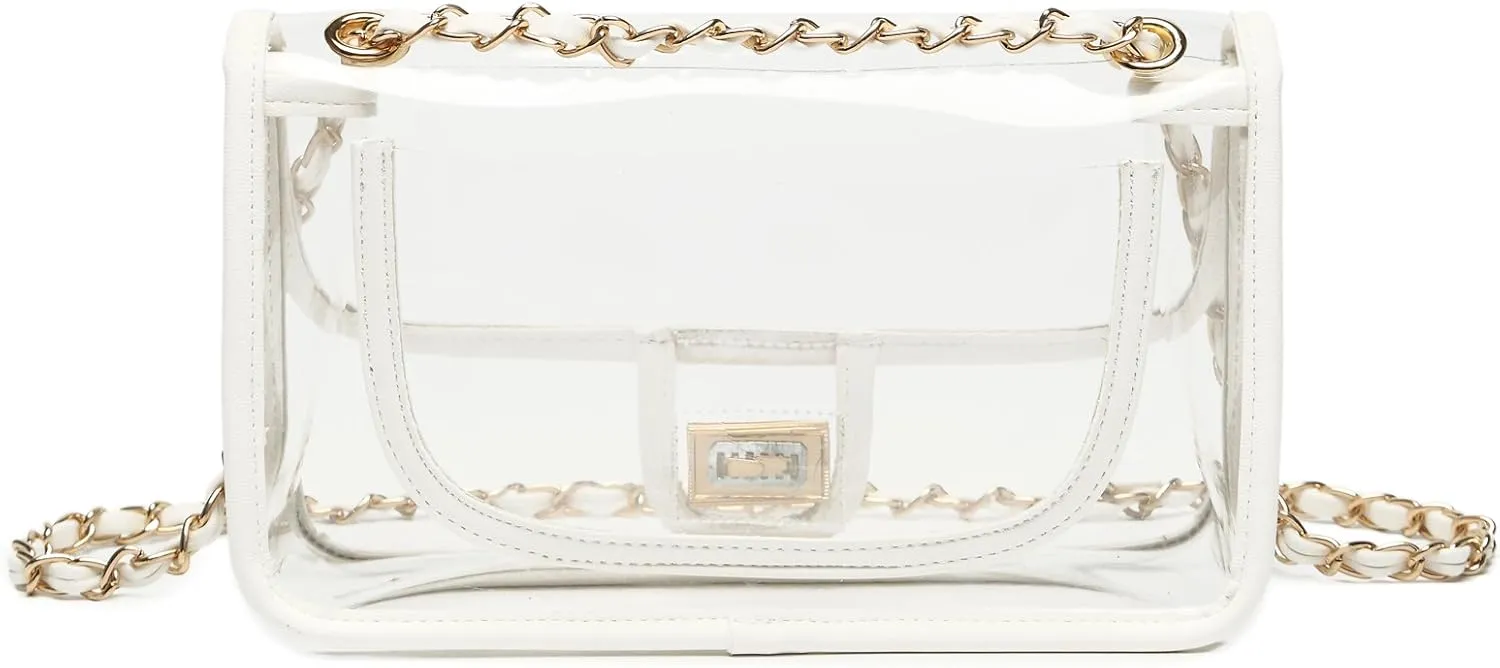 Womens PVC Clear Purse Handbag with Chain Stadium Approved Clear Bag See Through Bag for Working and Concert