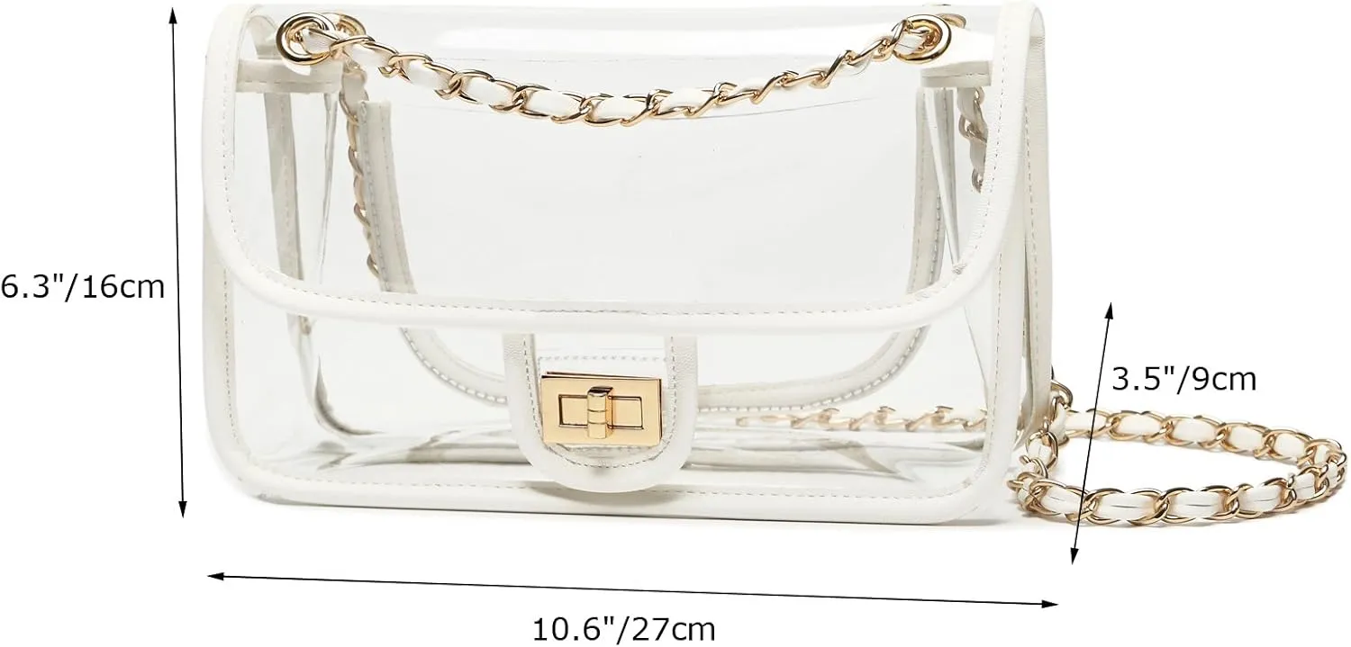 Womens PVC Clear Purse Handbag with Chain Stadium Approved Clear Bag See Through Bag for Working and Concert