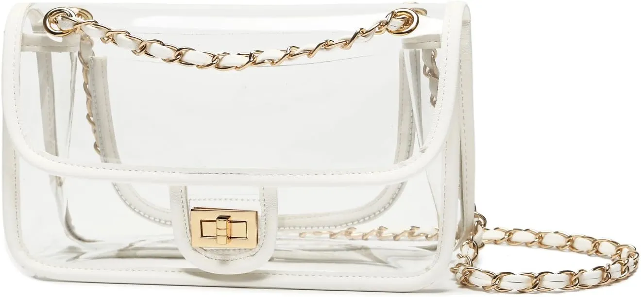Womens PVC Clear Purse Handbag with Chain Stadium Approved Clear Bag See Through Bag for Working and Concert