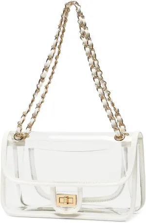 Womens PVC Clear Purse Handbag with Chain Stadium Approved Clear Bag See Through Bag for Working and Concert