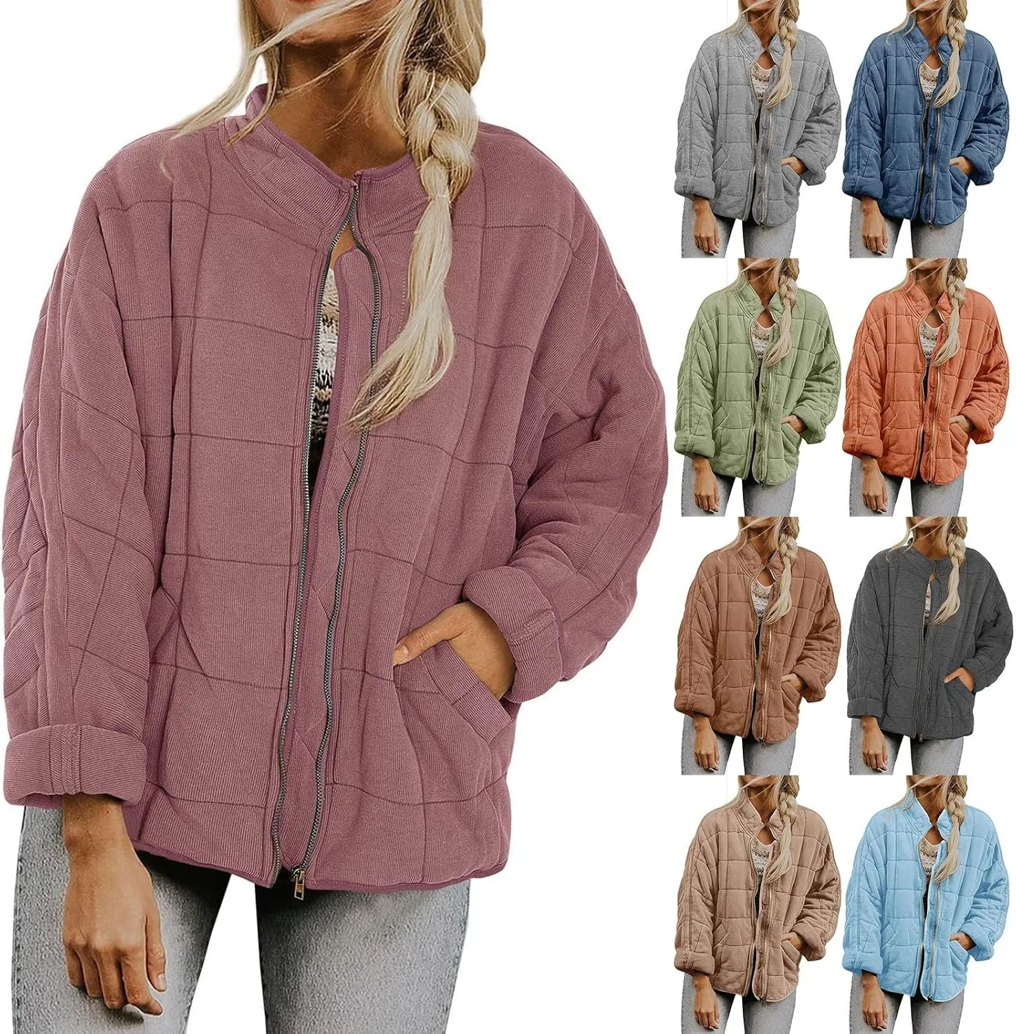 Women'S Quilted Lightweight Jackets Fall Casual Puffer Jacket Warm Winter Bomber Coats Oversized Outerwear Pockets
