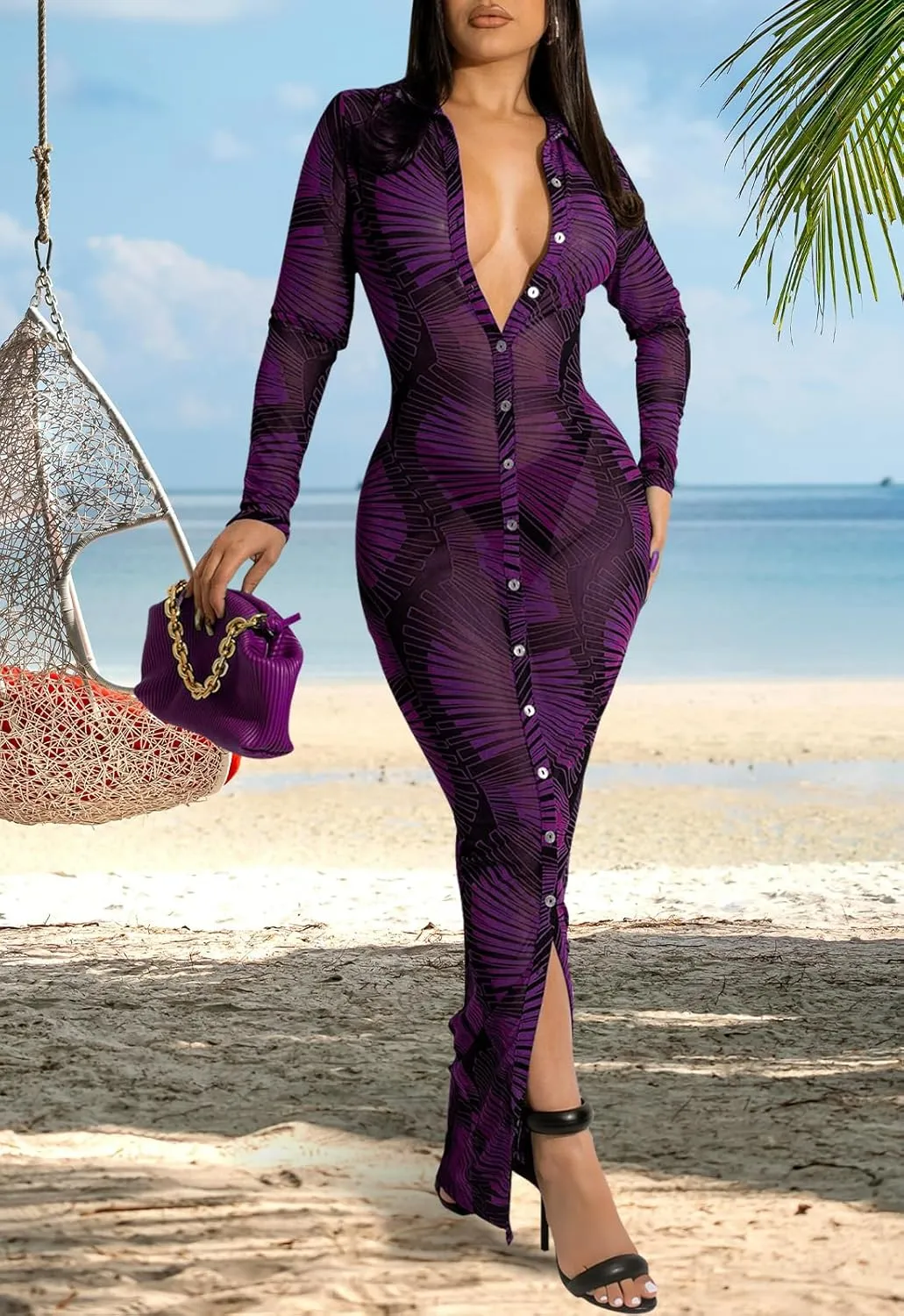 Womens Sexy Sheer Mesh Stretchy Printed Maxi Dresses Button Down Swimwear Cover Ups
