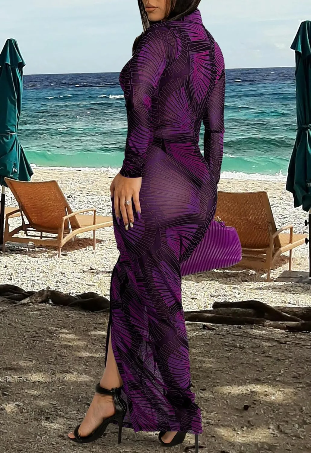 Womens Sexy Sheer Mesh Stretchy Printed Maxi Dresses Button Down Swimwear Cover Ups