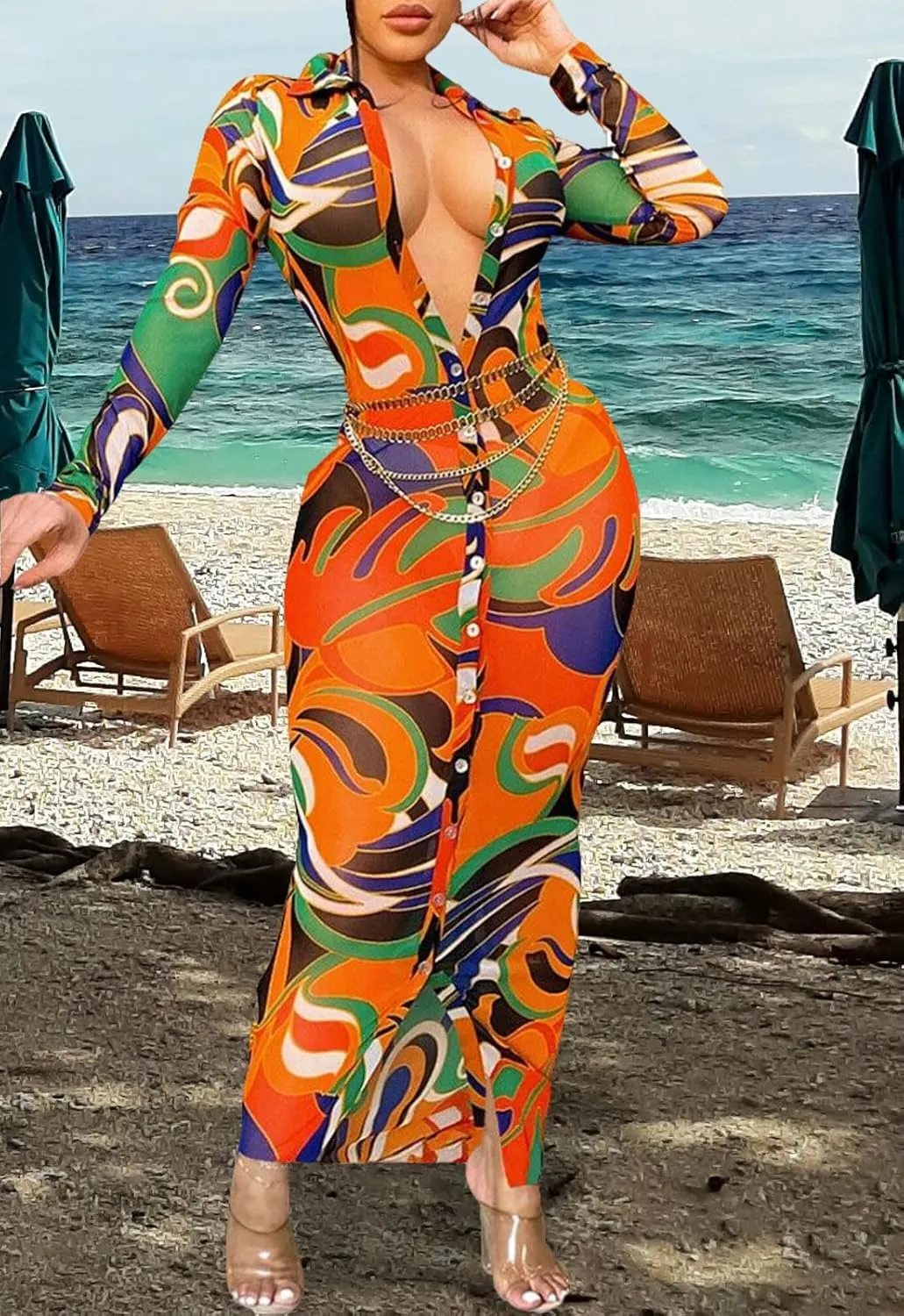 Womens Sexy Sheer Mesh Stretchy Printed Maxi Dresses Button Down Swimwear Cover Ups