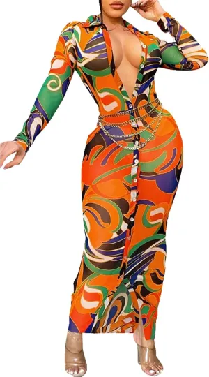 Womens Sexy Sheer Mesh Stretchy Printed Maxi Dresses Button Down Swimwear Cover Ups
