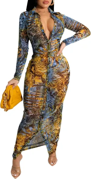 Womens Sexy Sheer Mesh Stretchy Printed Maxi Dresses Button Down Swimwear Cover Ups
