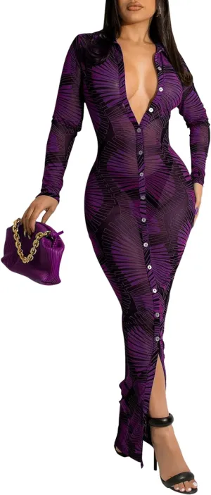 Womens Sexy Sheer Mesh Stretchy Printed Maxi Dresses Button Down Swimwear Cover Ups