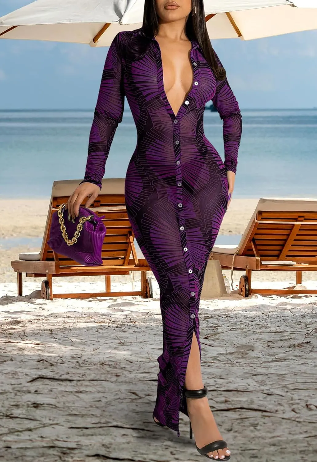 Womens Sexy Sheer Mesh Stretchy Printed Maxi Dresses Button Down Swimwear Cover Ups