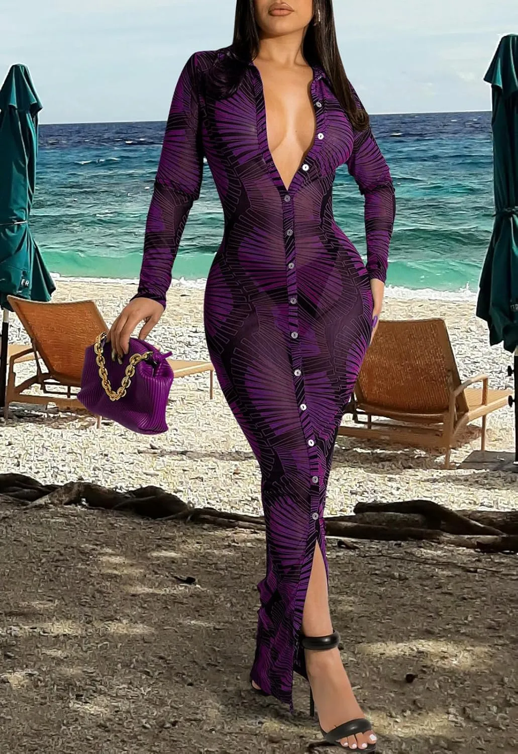 Womens Sexy Sheer Mesh Stretchy Printed Maxi Dresses Button Down Swimwear Cover Ups