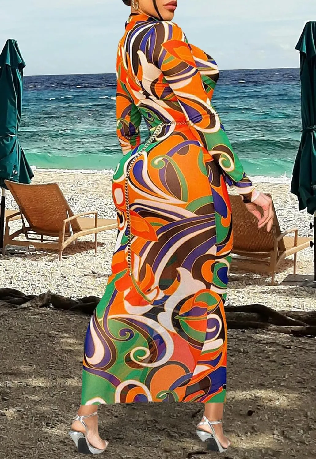 Womens Sexy Sheer Mesh Stretchy Printed Maxi Dresses Button Down Swimwear Cover Ups