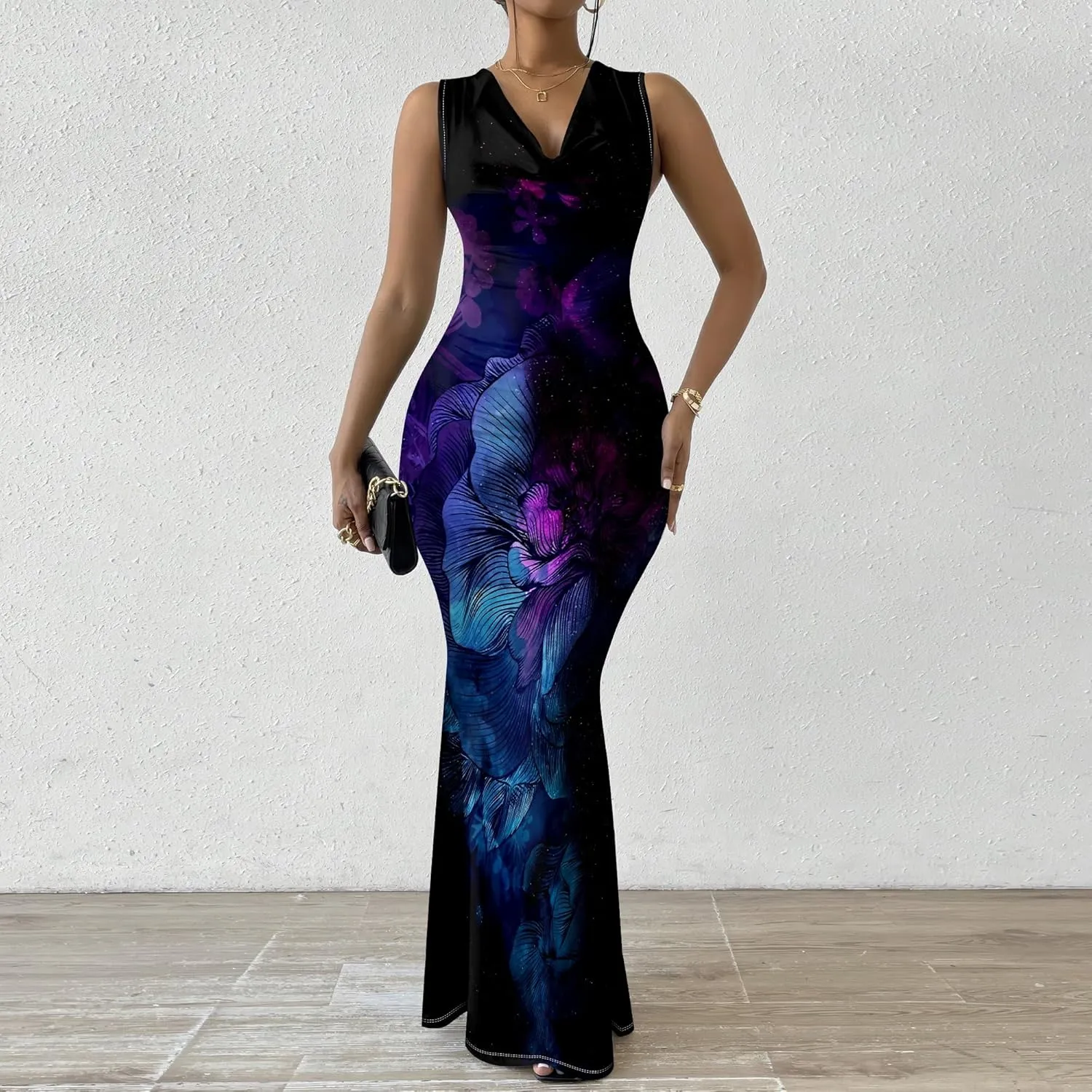 Women's Sexy V Neck Sleeveless Fitted Dress Elegant Curve Pencil Skirt Beach Party Sundress Festival Evening Dress