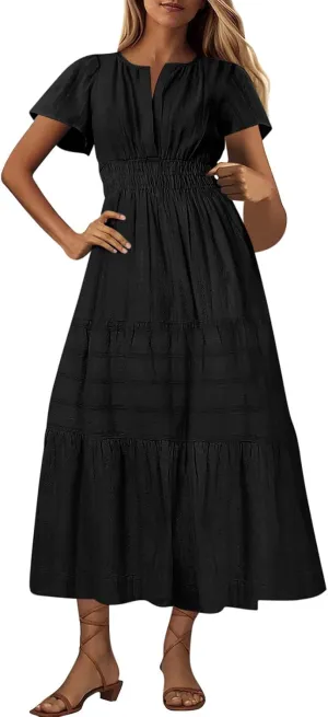 Women's Summer Dresses Short Sleeve V Neck Maxi Dress Casual Smocked Elastic Waist Flowy Swing Long Dresses