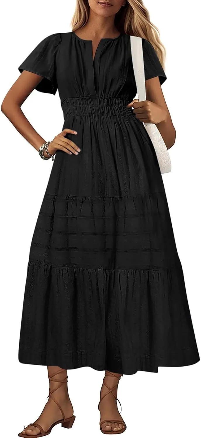 Women's Summer Dresses Short Sleeve V Neck Maxi Dress Casual Smocked Elastic Waist Flowy Swing Long Dresses