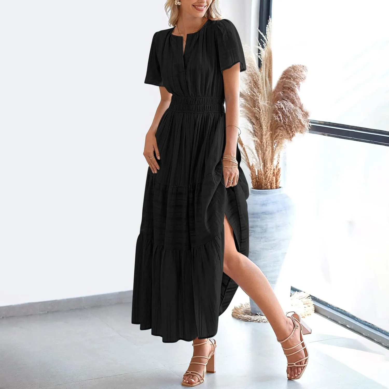 Women's Summer Dresses Short Sleeve V Neck Maxi Dress Casual Smocked Elastic Waist Flowy Swing Long Dresses