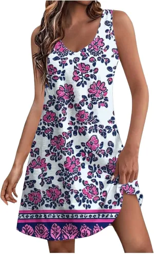 Womens Summer Dresses Strap Sleeveless Casual Sundress Floral Vintage Printed Maxi Dresses Beach Vacation Clothes