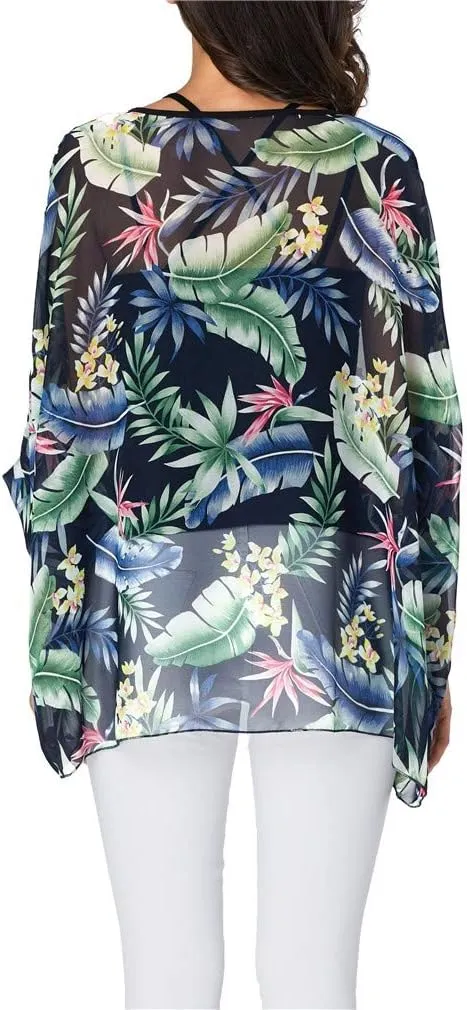 Womens Summer Printed Batwing Sleeve Top Chiffon Poncho Casual Loose Sheer Blouse Shirt