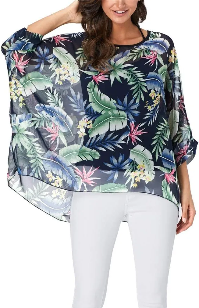 Womens Summer Printed Batwing Sleeve Top Chiffon Poncho Casual Loose Sheer Blouse Shirt