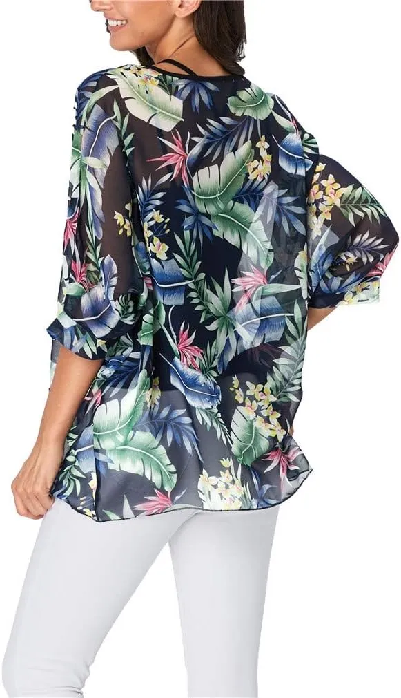 Womens Summer Printed Batwing Sleeve Top Chiffon Poncho Casual Loose Sheer Blouse Shirt