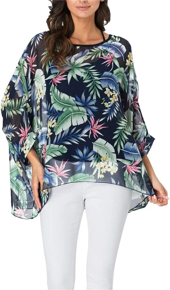 Womens Summer Printed Batwing Sleeve Top Chiffon Poncho Casual Loose Sheer Blouse Shirt