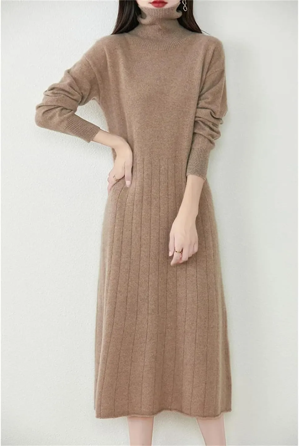 Women’S Turtleneck Wool Pullover Dress Mid-Calf Straight Knit Sweater Dresses
