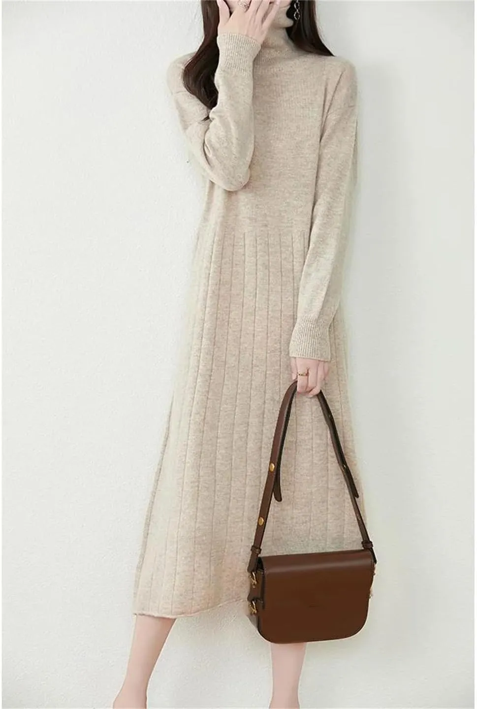 Women’S Turtleneck Wool Pullover Dress Mid-Calf Straight Knit Sweater Dresses