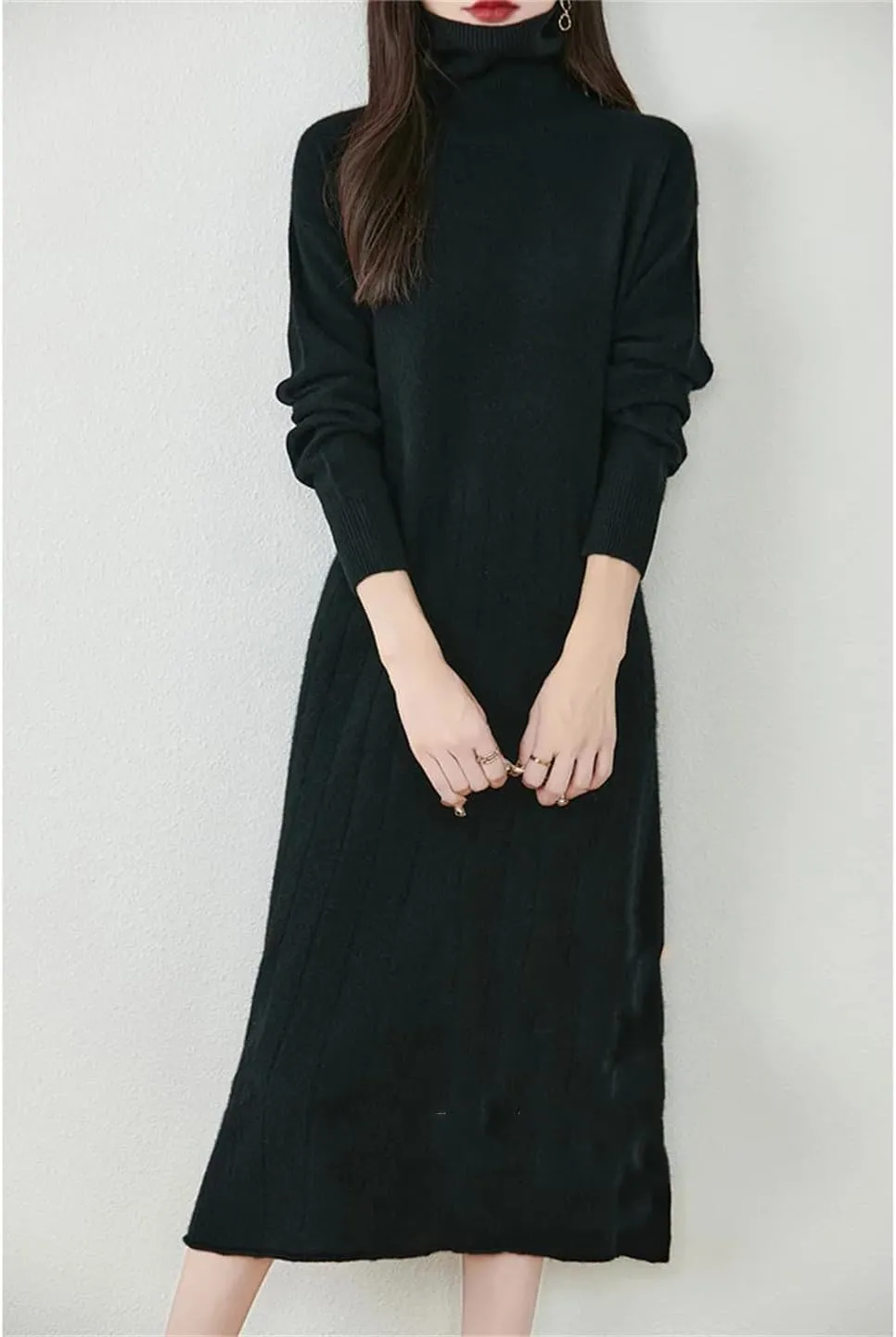 Women’S Turtleneck Wool Pullover Dress Mid-Calf Straight Knit Sweater Dresses