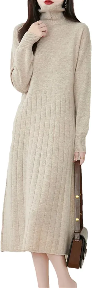 Women’S Turtleneck Wool Pullover Dress Mid-Calf Straight Knit Sweater Dresses