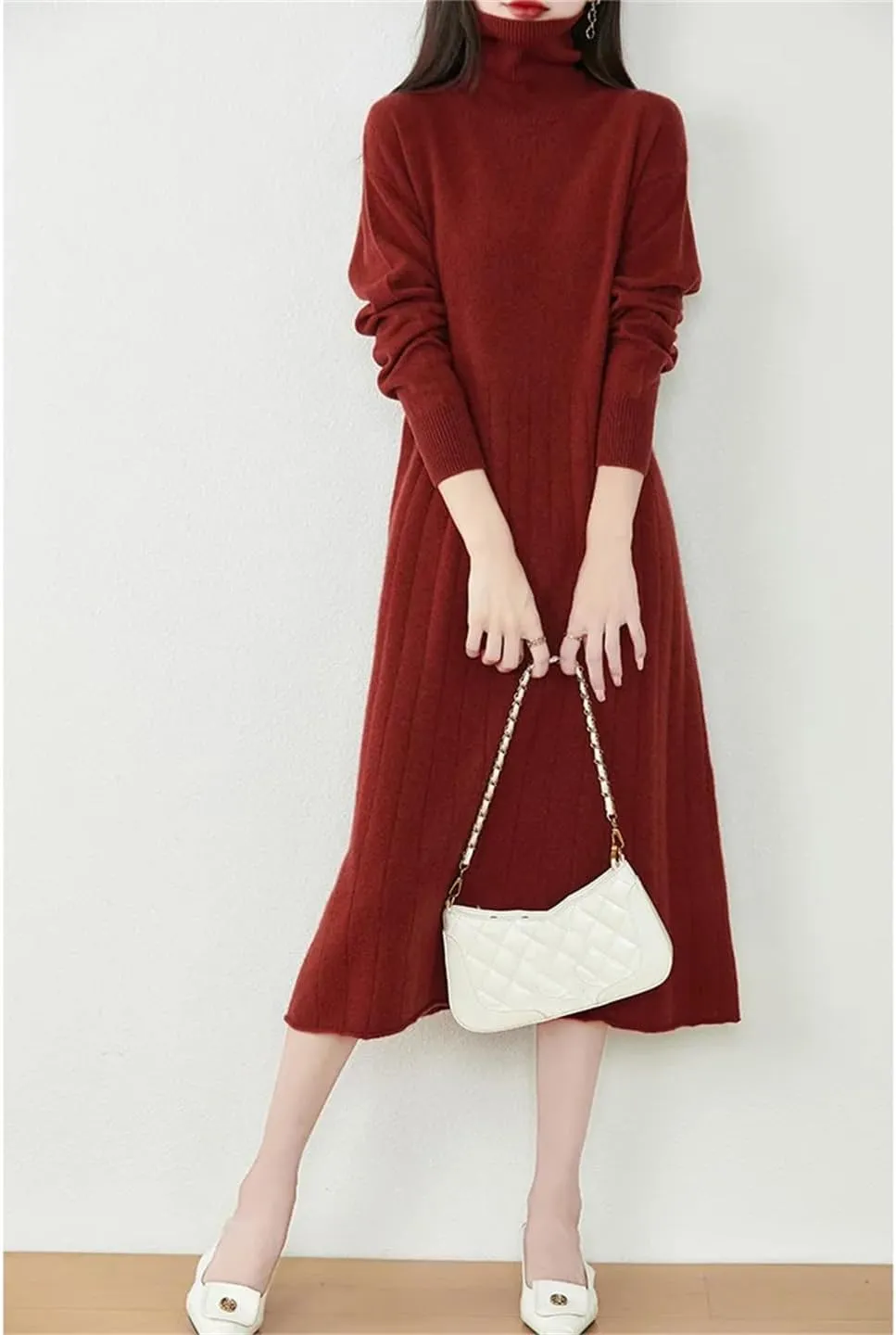 Women’S Turtleneck Wool Pullover Dress Mid-Calf Straight Knit Sweater Dresses