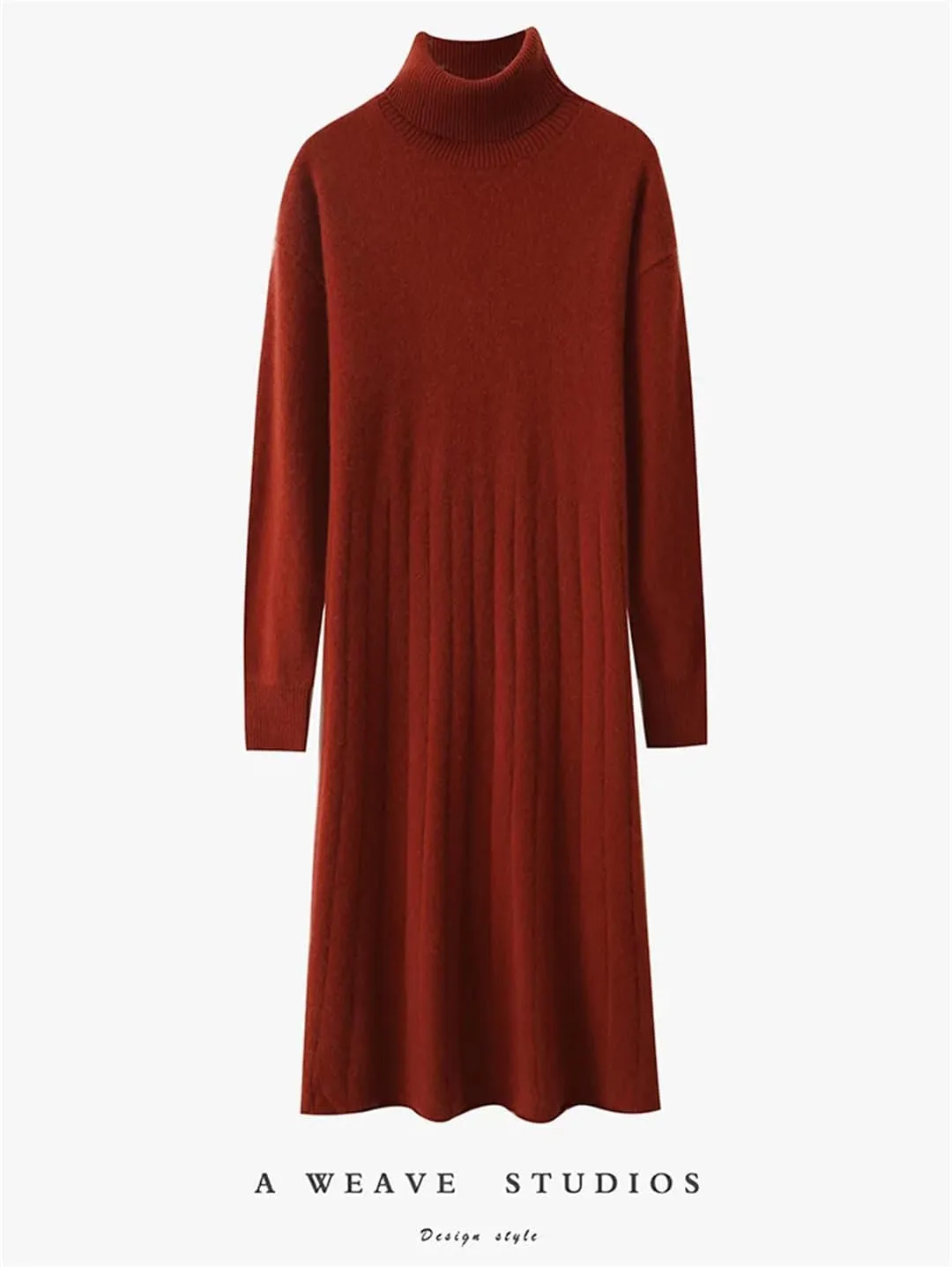 Women’S Turtleneck Wool Pullover Dress Mid-Calf Straight Knit Sweater Dresses