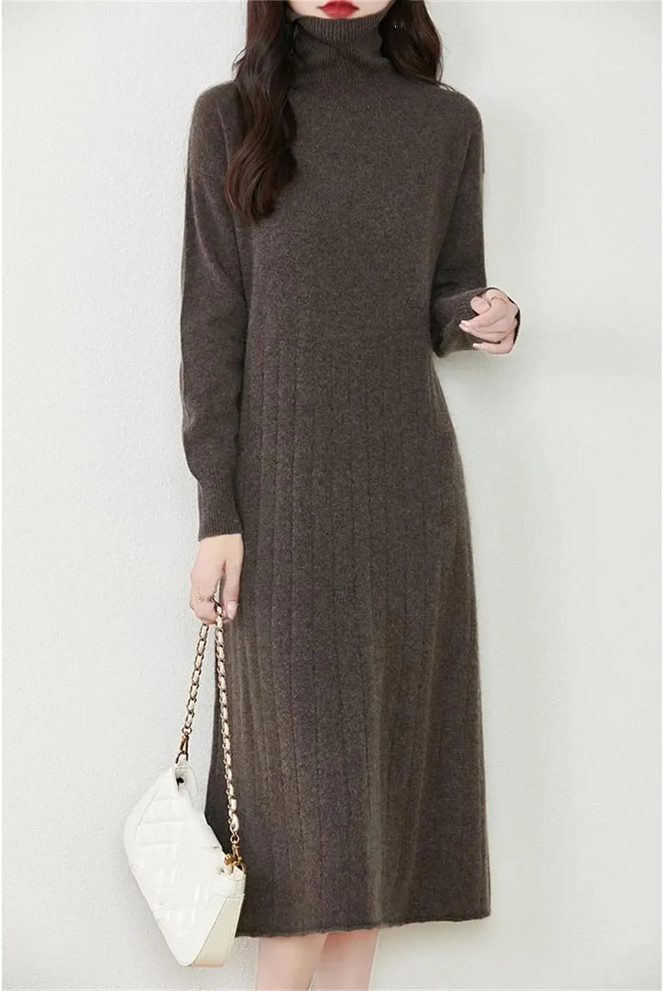 Women’S Turtleneck Wool Pullover Dress Mid-Calf Straight Knit Sweater Dresses