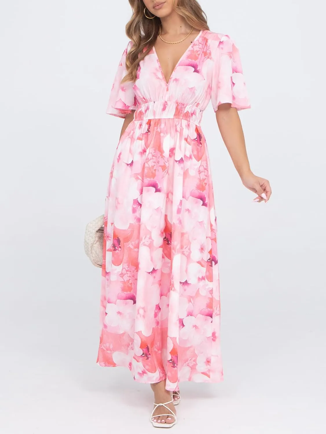 Womens V Neck Flutter Sleeve Boho Midi Dress Summer Wedding Guest Beach Party Long Dresses