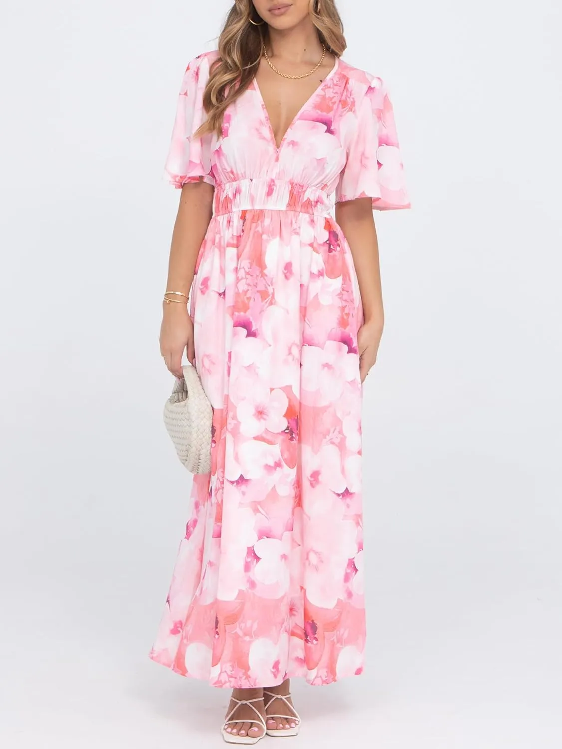 Womens V Neck Flutter Sleeve Boho Midi Dress Summer Wedding Guest Beach Party Long Dresses
