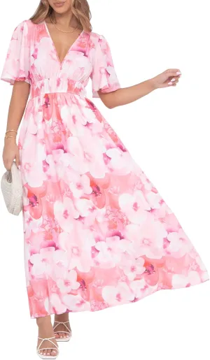 Womens V Neck Flutter Sleeve Boho Midi Dress Summer Wedding Guest Beach Party Long Dresses