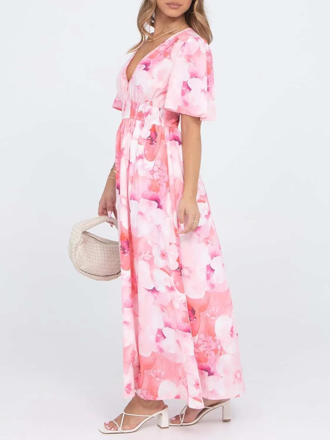 Womens V Neck Flutter Sleeve Boho Midi Dress Summer Wedding Guest Beach Party Long Dresses