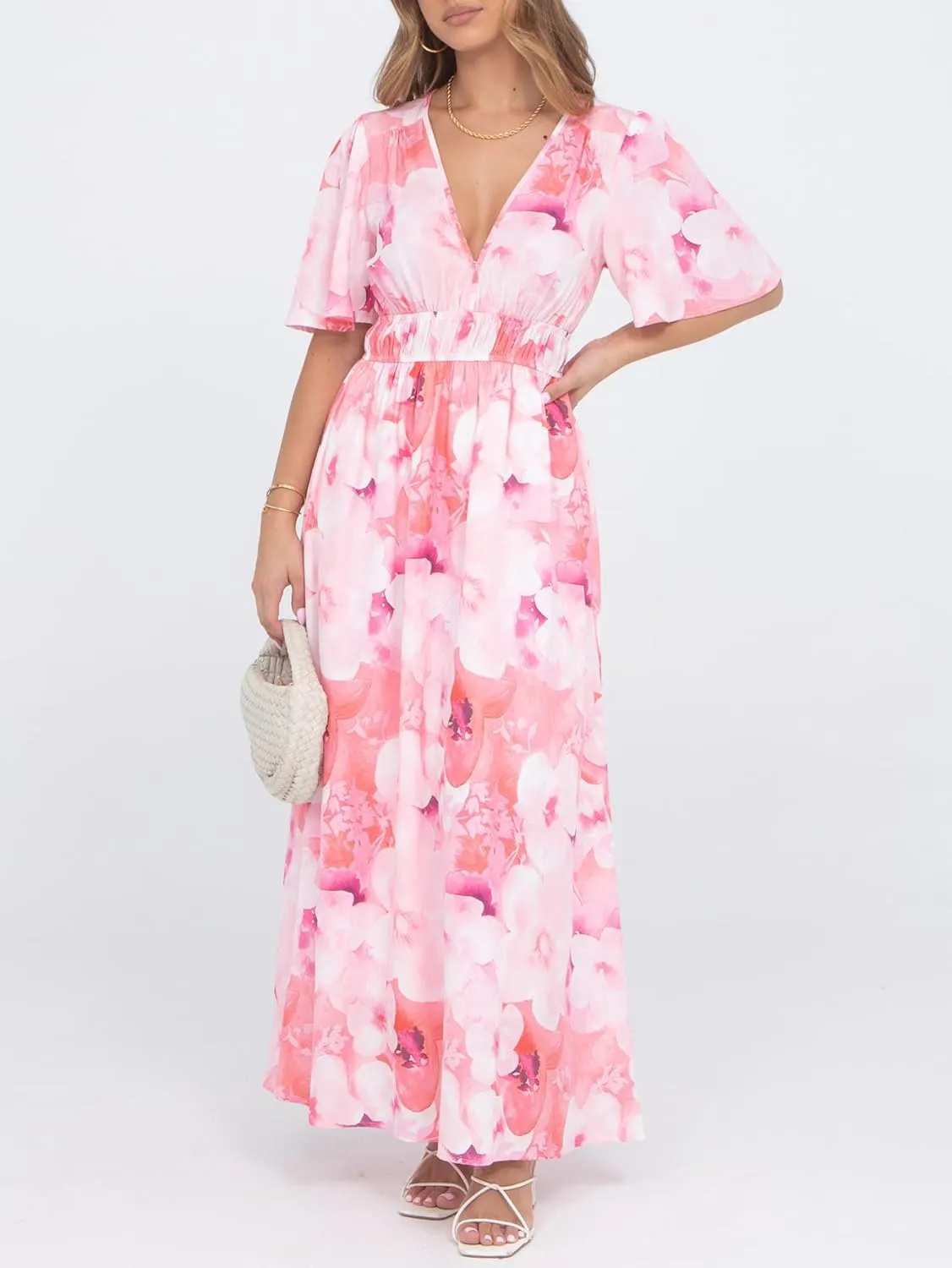Womens V Neck Flutter Sleeve Boho Midi Dress Summer Wedding Guest Beach Party Long Dresses
